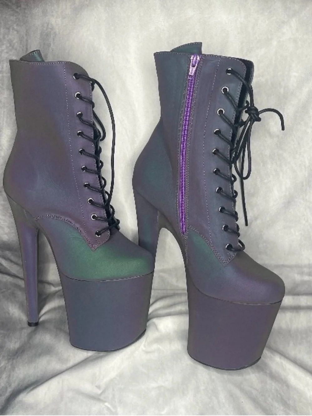 High Platform Lace-Up Ankle Boots in Iridescent Purple